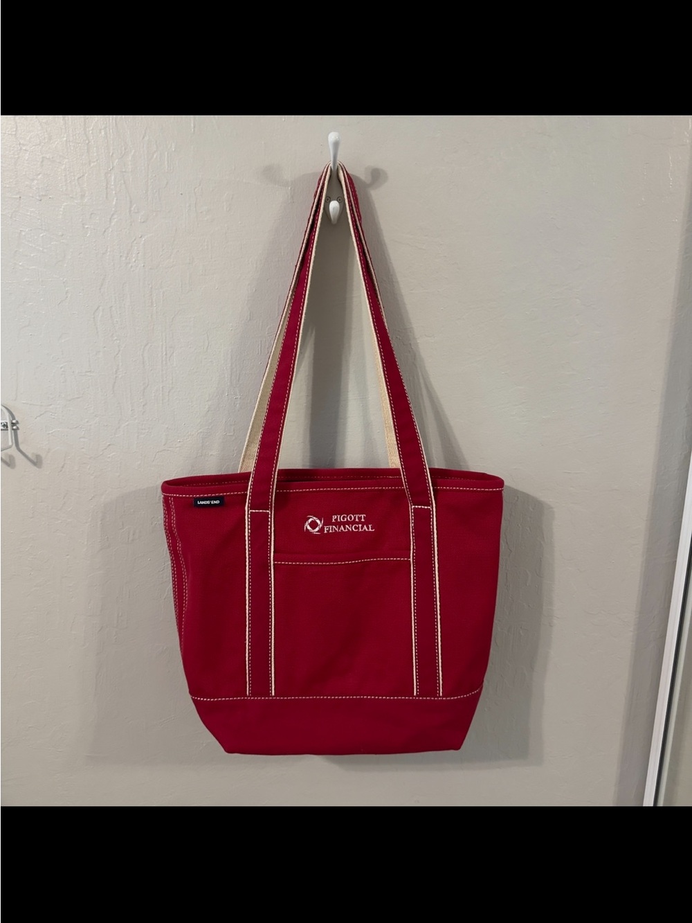 Lands’ End Red & White Canvas Tote Bag